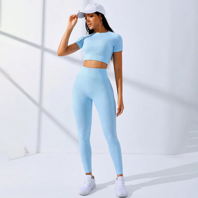 Yoga Sets for Women Workout Sets 2 Piece Gym Clothing Cute Fitness Outfit Short Sleeve Crop Top High Waist Leggings Activewear