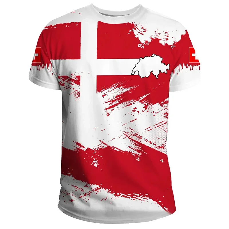 Camiseta Masculina com Design Original com Tema da Bandeira Suíça, Camisa de Futebol de Treino ao Ar Livre 3D de Secagem Rápida e Respirável
