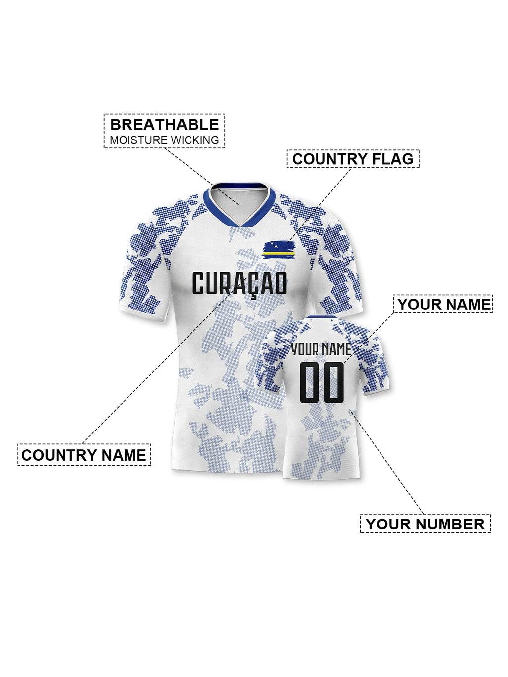 Camisa de Futebol Personalizada Curaçao com Nome Número Gola V Respirável para Homens Jovens Mulheres