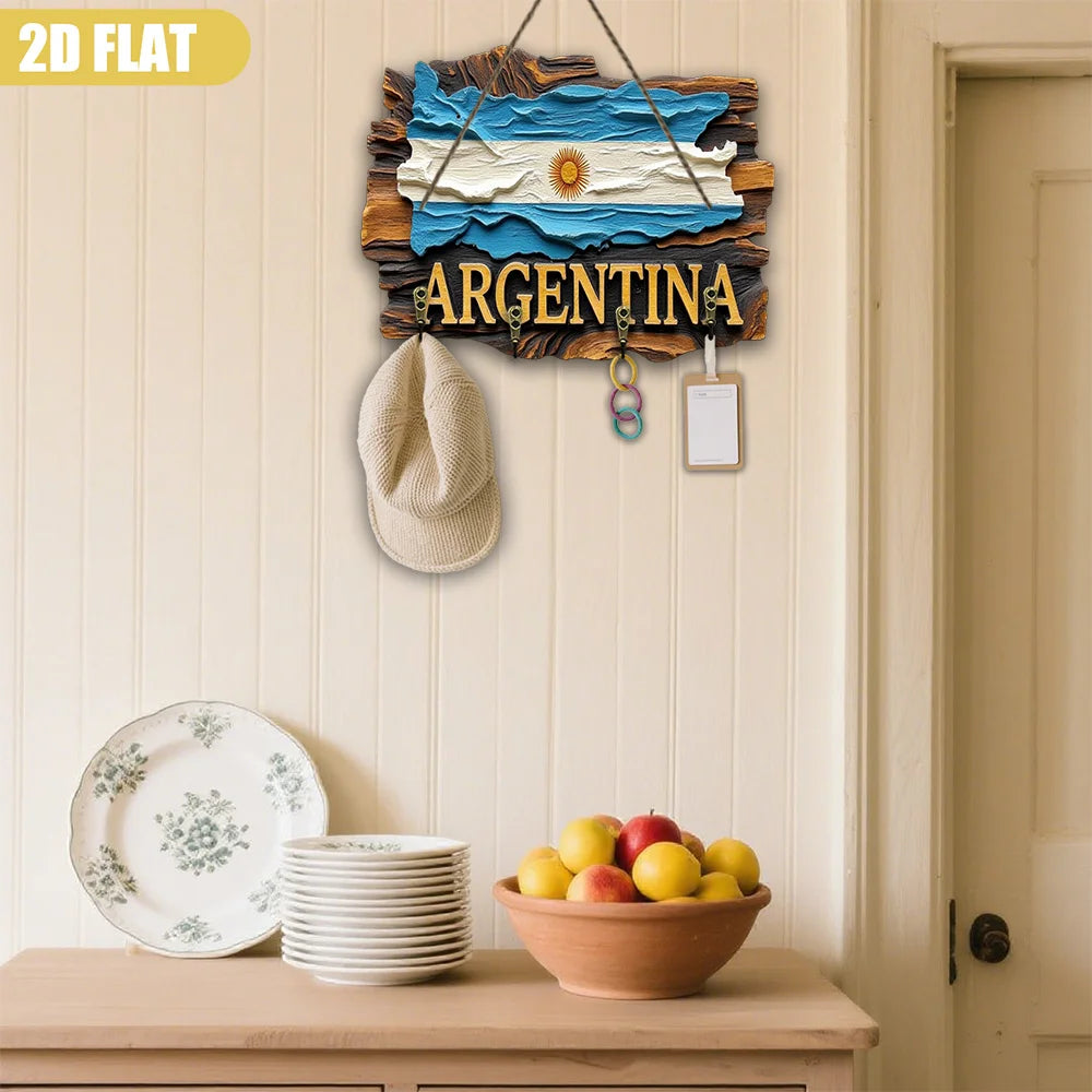 Argentina Flag Wooden Wall Decor – Large Key Holder with Map & National Emblem | Multifunctional Wooden Key Hanger