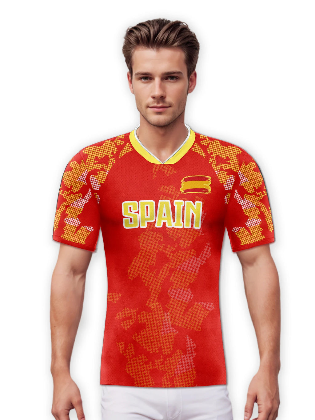 Customized Spain Soccer Jersey Personalized Name Number, National Team Football Shirt V-Neck Flag Design for Men Youth Women