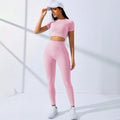 Yoga Sets for Women Workout Sets 2 Piece Gym Clothing Cute Fitness Outfit Short Sleeve Crop Top High Waist Leggings Activewear