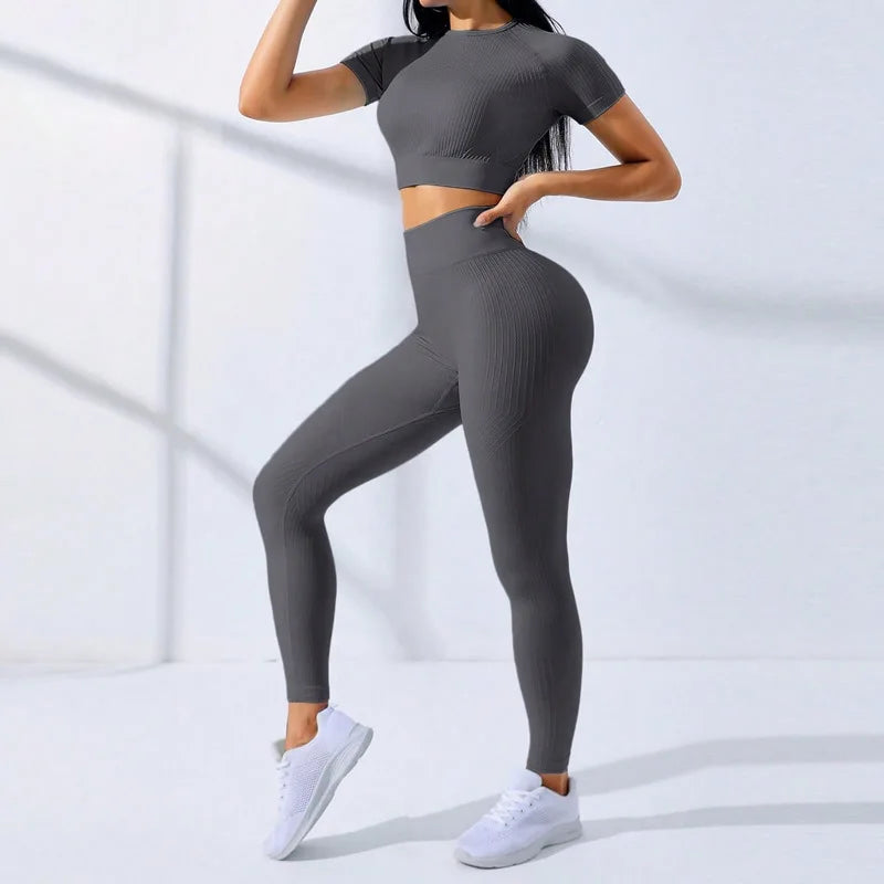 Yoga Sets for Women Workout Sets 2 Piece Gym Clothing Cute Fitness Outfit Short Sleeve Crop Top High Waist Leggings Activewear