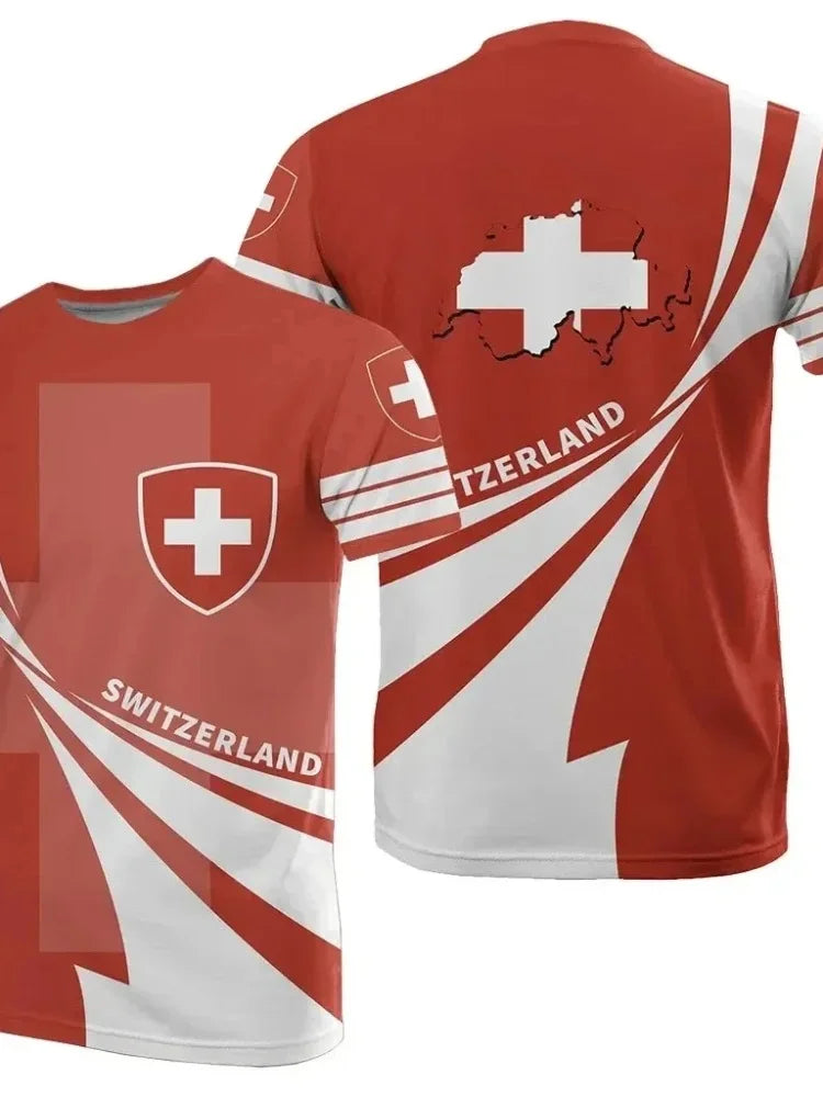Camiseta Masculina com Design Original com Tema da Bandeira Suíça, Camisa de Futebol de Treino ao Ar Livre 3D de Secagem Rápida e Respirável