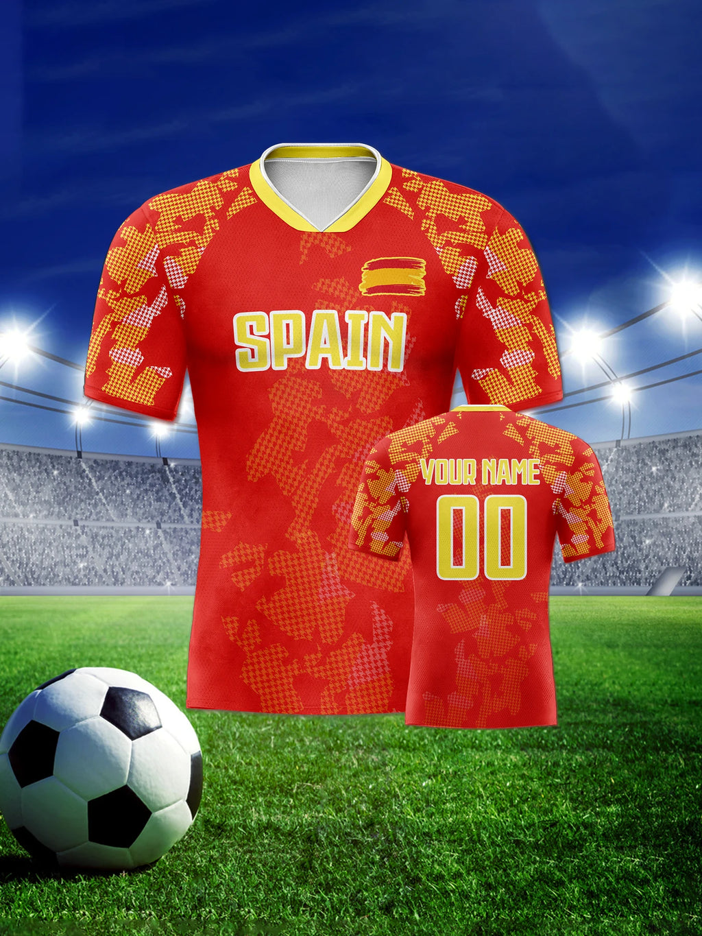 Customized Spain Soccer Jersey Personalized Name Number, National Team Football Shirt V-Neck Flag Design for Men Youth Women