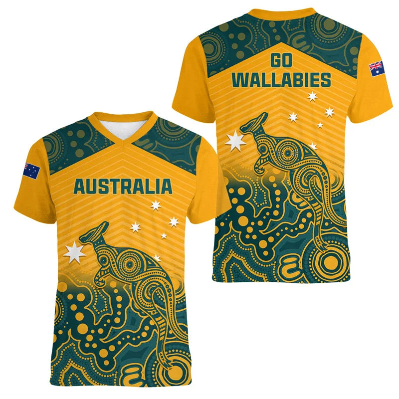 Australia Kangaroo 3D Printed T-Shirt Men Australia World Cup Jersey 2026 Style | Australia Soccer Jersey & Rugby Tee V-Neck Summer Top