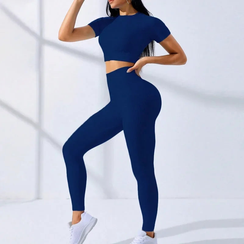 Yoga Sets for Women Workout Sets 2 Piece Gym Clothing Cute Fitness Outfit Short Sleeve Crop Top High Waist Leggings Activewear