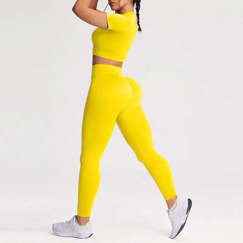Yoga Sets for Women Workout Sets 2 Piece Gym Clothing Cute Fitness Outfit Short Sleeve Crop Top High Waist Leggings Activewear
