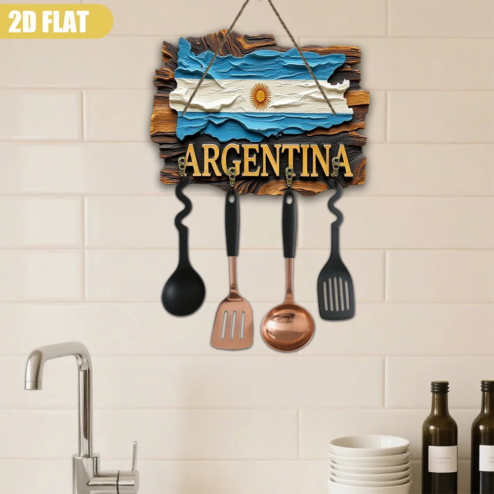 Argentina Flag Wooden Wall Decor – Large Key Holder with Map & National Emblem | Multifunctional Wooden Key Hanger