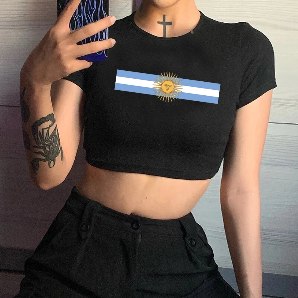 Argentina Y2K Crop Top T-Shirt – Women Kawaii Grunge Streetwear Tee | Punk Gothic Casual Cropped Summer Top