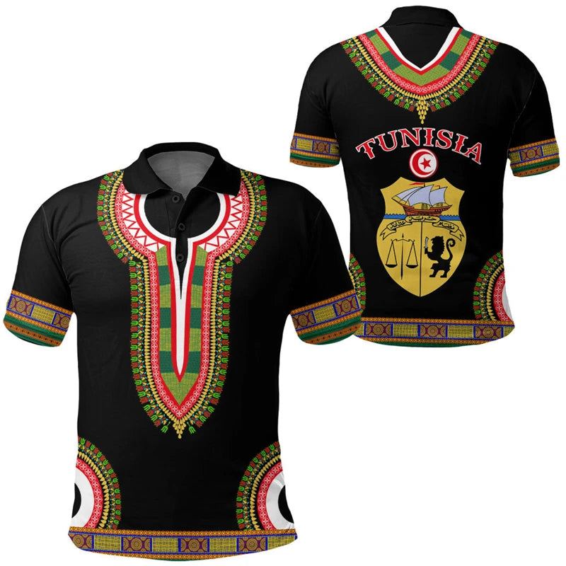 Tunísia Bandeira Mapa Impressão 3D Camisas Polo Para Homens Roupas África País Dashiki POLO Camisa Emblema Nacional Manga Curta Masculina