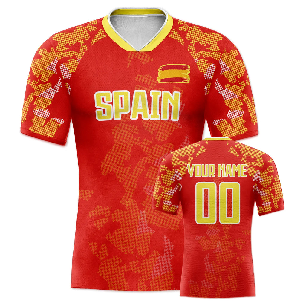 Customized Spain Soccer Jersey Personalized Name Number, National Team Football Shirt V-Neck Flag Design for Men Youth Women