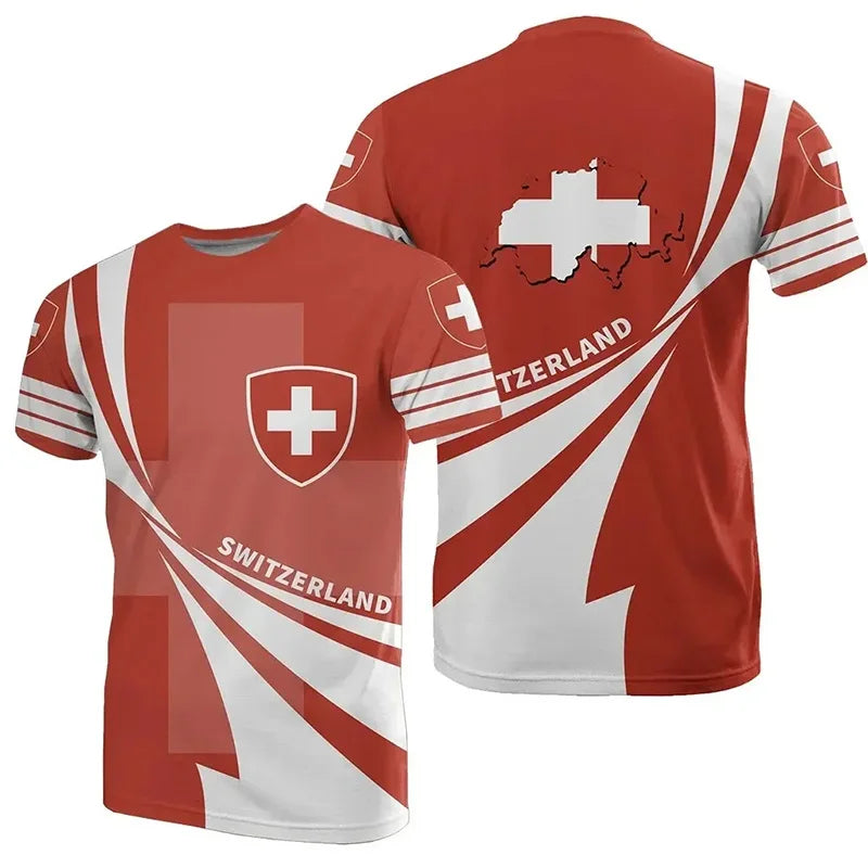 Camiseta Masculina com Design Original com Tema da Bandeira Suíça, Camisa de Futebol de Treino ao Ar Livre 3D de Secagem Rápida e Respirável