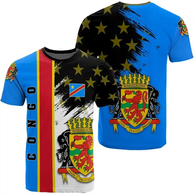 African Congo Coat Of Arms T-shirt For Men Kids Summer 3D Printed Loose T Shirt Casual Tops Sports Short Sleeved Round Neck Tees