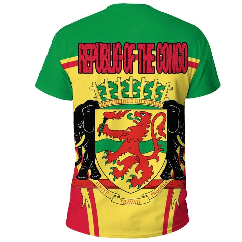 African Congo Coat Of Arms T-shirt For Men Kids Summer 3D Printed Loose T Shirt Casual Tops Sports Short Sleeved Round Neck Tees