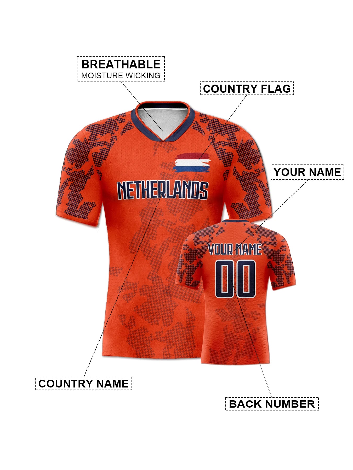 Custom Netherlands Soccer Jersey Personalized Name Number, National Team Football Shirt V-Neck Flag Design for Men Youth Women