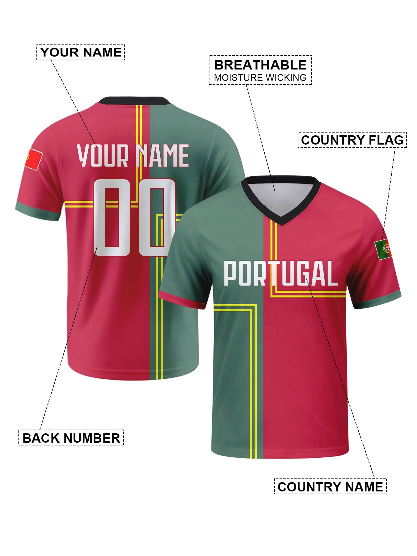 Custom Portugal Football Jersey Personalized with Name Number V-neck Soccer National Team Shirt for Men Youth Women