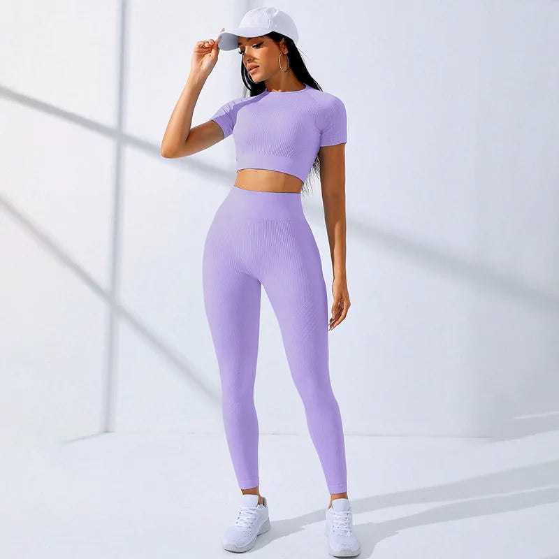 Yoga Sets for Women Workout Sets 2 Piece Gym Clothing Cute Fitness Outfit Short Sleeve Crop Top High Waist Leggings Activewear