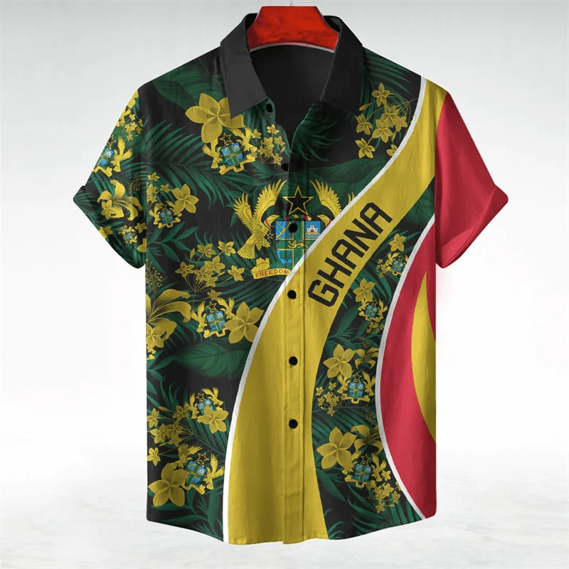 Ghana Flag Map 3D Printed Short Sleeve Shirts For Men Clothes GHA National Emblem Beach Shirts National Emblem Blouses Male Tops