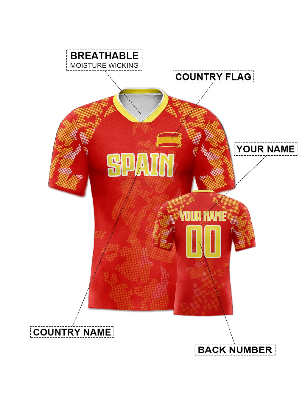 Customized Spain Soccer Jersey Personalized Name Number, National Team Football Shirt V-Neck Flag Design for Men Youth Women