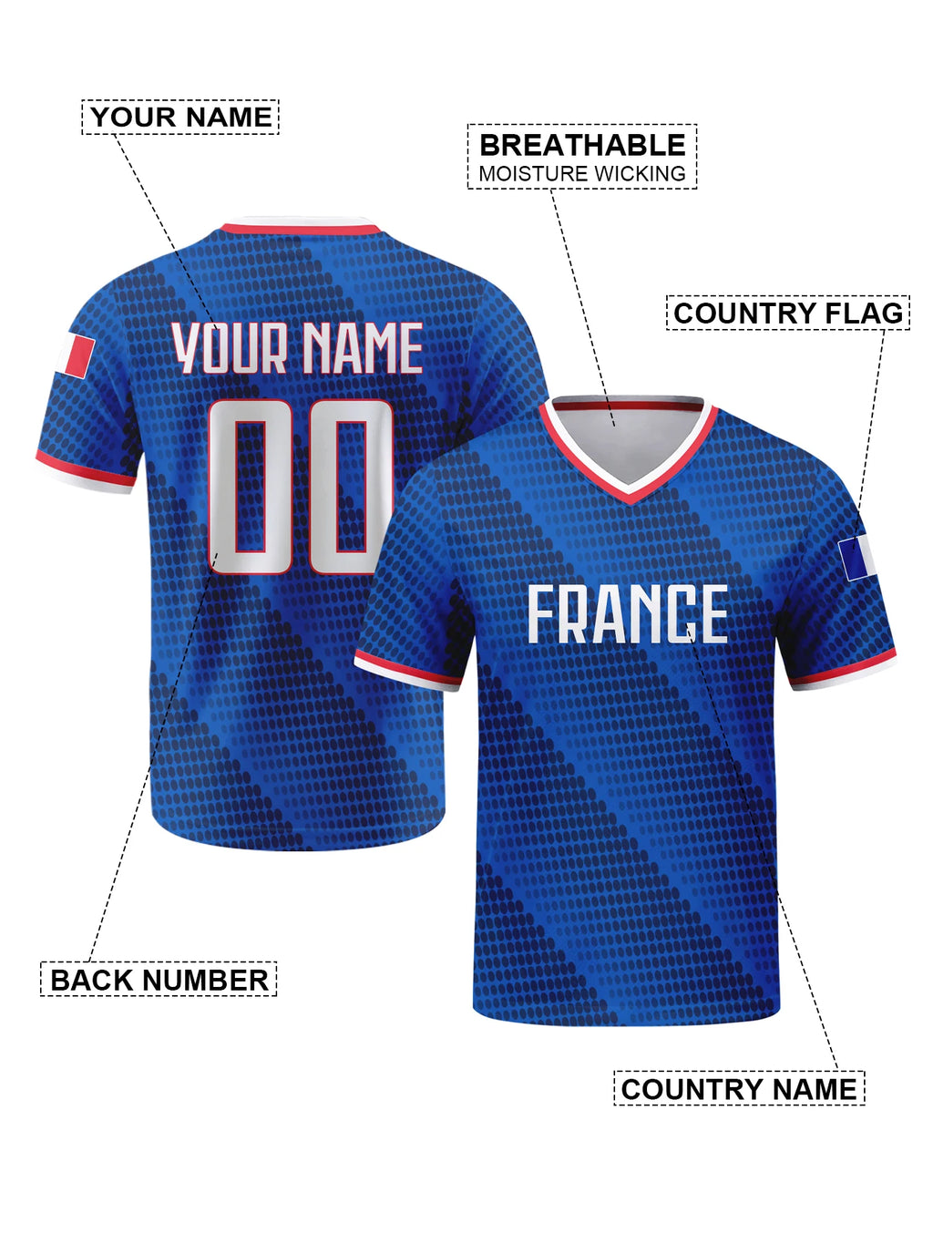 Custom France Football Jersey Personalized with Name Number Breathable V-neck Soccer Team Shirt for Men Youth Women