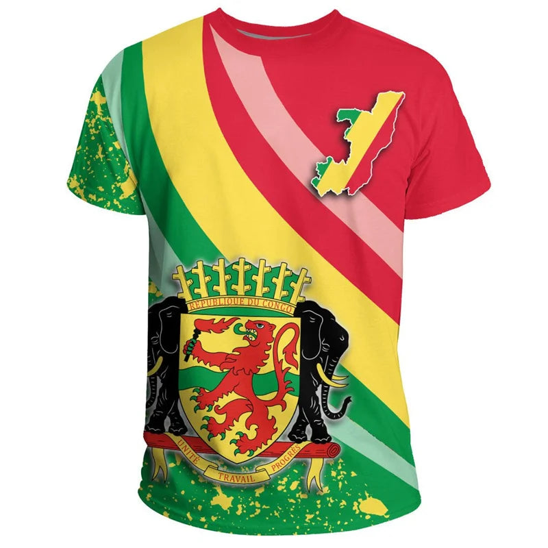 African Congo Coat Of Arms T-shirt For Men Kids Summer 3D Printed Loose T Shirt Casual Tops Sports Short Sleeved Round Neck Tees
