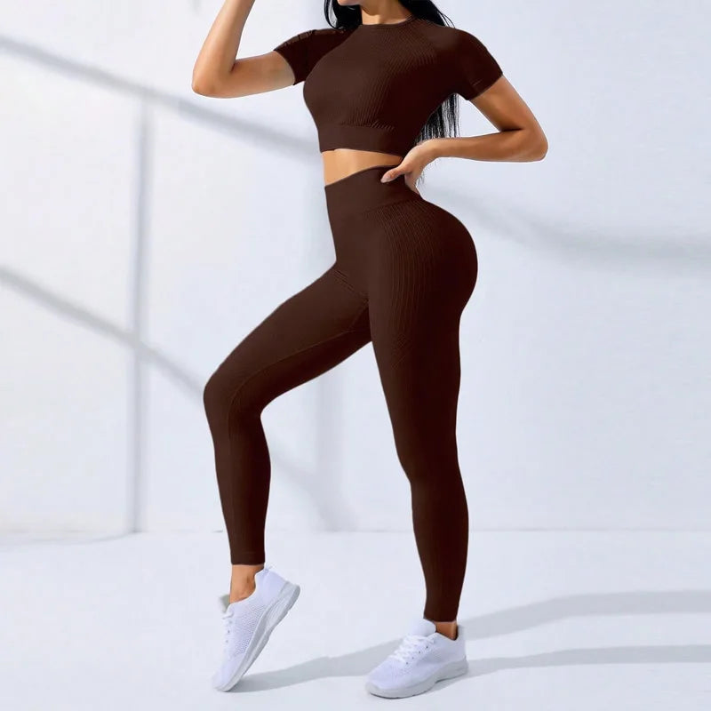 Yoga Sets for Women Workout Sets 2 Piece Gym Clothing Cute Fitness Outfit Short Sleeve Crop Top High Waist Leggings Activewear
