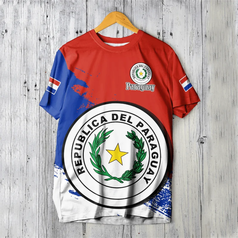 Camiseta Masculina com Estampa 3D da Bandeira do Paraguai, Adequada para Uso Casual de Verão, Camisa Masculina de Manga Curta de Secagem Rápida e Respirável