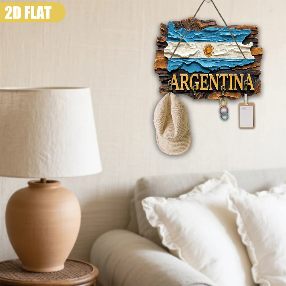 Argentina Flag Wooden Wall Decor – Large Key Holder with Map & National Emblem | Multifunctional Wooden Key Hanger