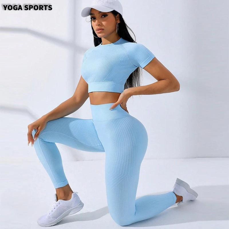 Yoga Sets for Women Workout Sets 2 Piece Gym Clothing Cute Fitness Outfit Short Sleeve Crop Top High Waist Leggings Activewear
