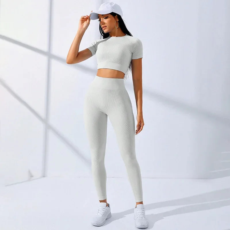 Yoga Sets for Women Workout Sets 2 Piece Gym Clothing Cute Fitness Outfit Short Sleeve Crop Top High Waist Leggings Activewear