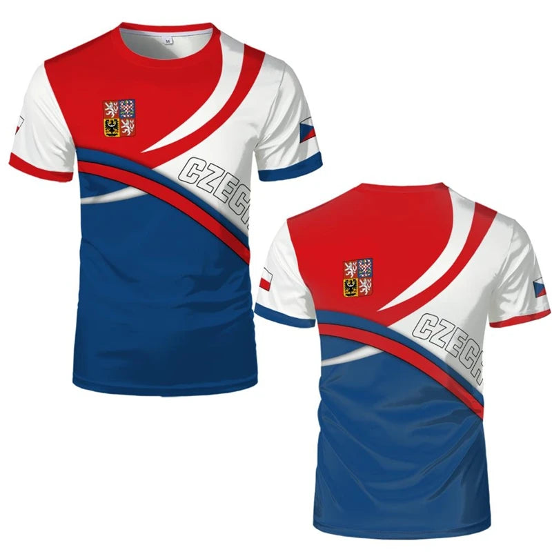 Czech Republic Flag Football T Shirts Czech Republic National Emblem 3D Printed Sports T-shirts Loose Breathable Crew Neck Tees