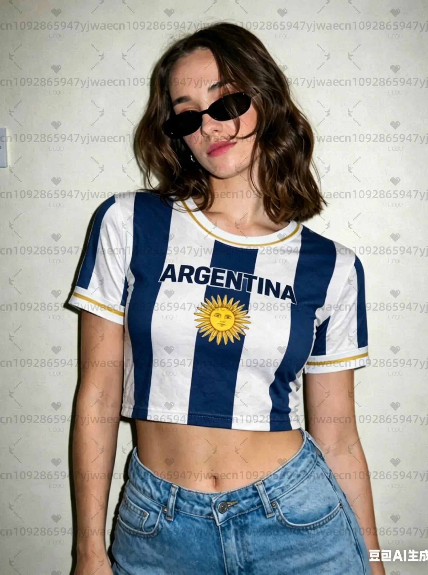 Argentina estampa Torcedora Camisa de Futebol Feminina, Top Curto Bandeira Padrão Asteca, Camiseta Casual de Verão para Fãs de Futebol