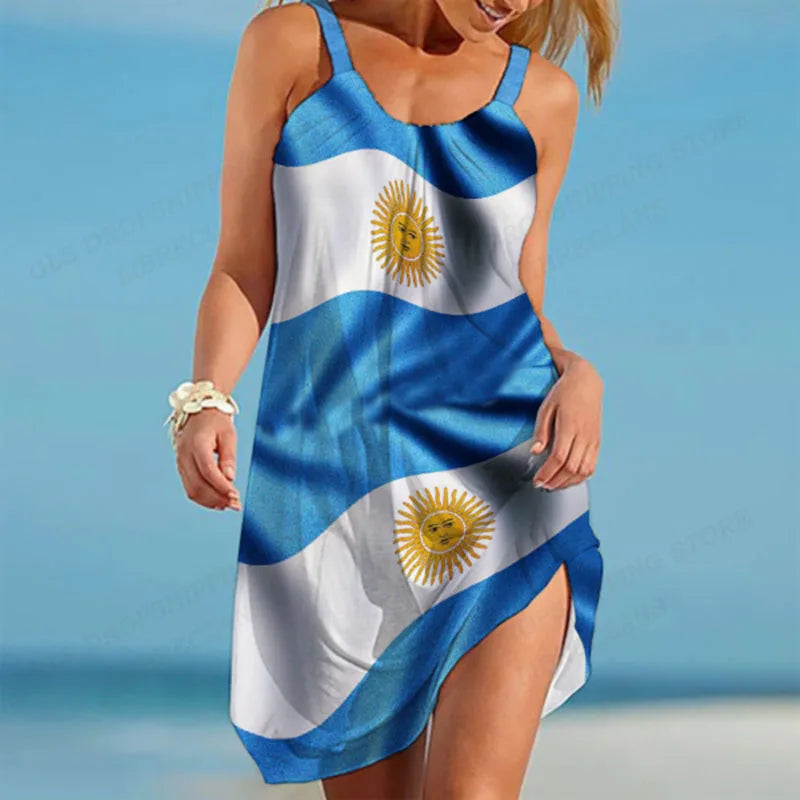 Argentina Flag Women’s Bohemian Midi Dress – Sleeveless Beach & Party Sundress | Casual Sexy Summer Evening Outfit