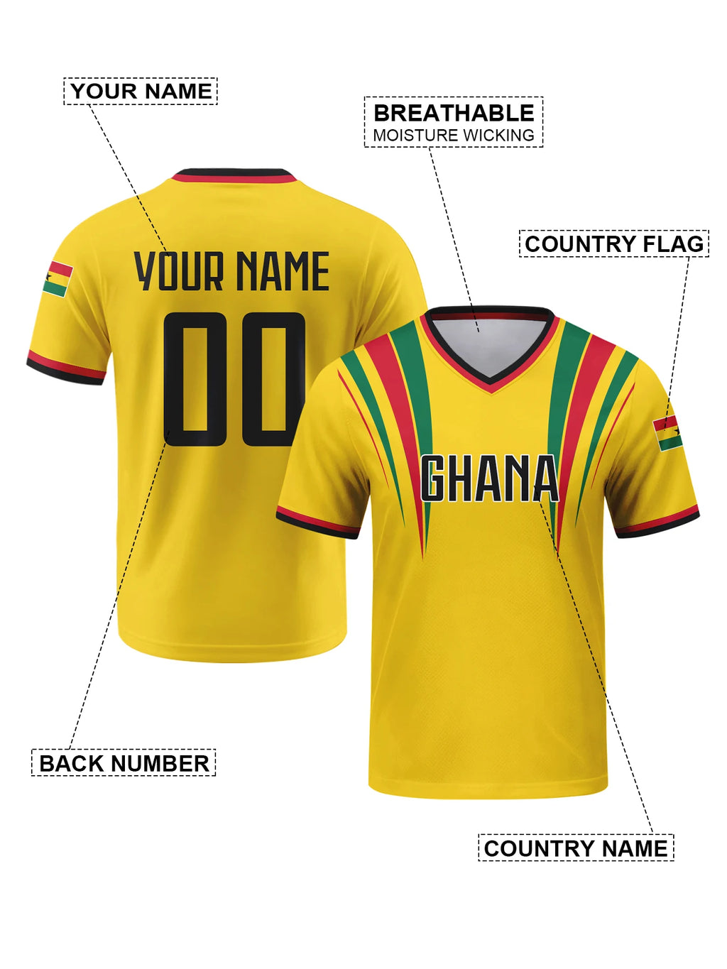 Custom Ghana Football Jersey Personalized with Name Number Breathable V-neck Soccer Team Shirt for Men Youth Women