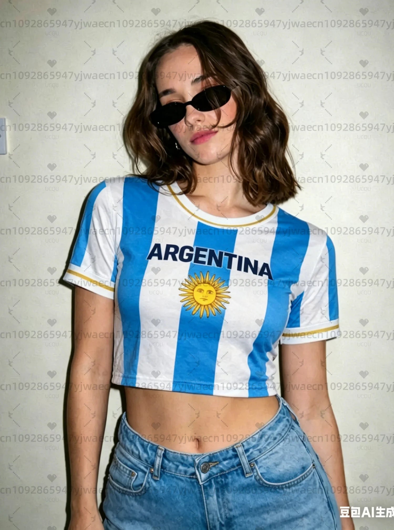 Argentina estampa Torcedora Camisa de Futebol Feminina, Top Curto Bandeira Padrão Asteca, Camiseta Casual de Verão para Fãs de Futebol