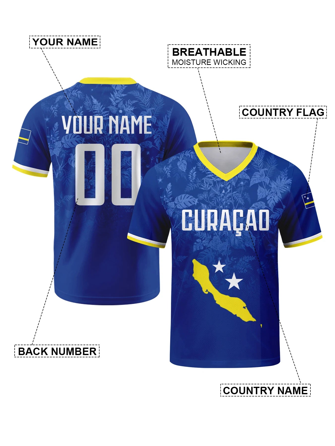 Camisa de Futebol Personalizada Curaçao com Nome Número Gola V Respirável para Homens Jovens Mulheres
